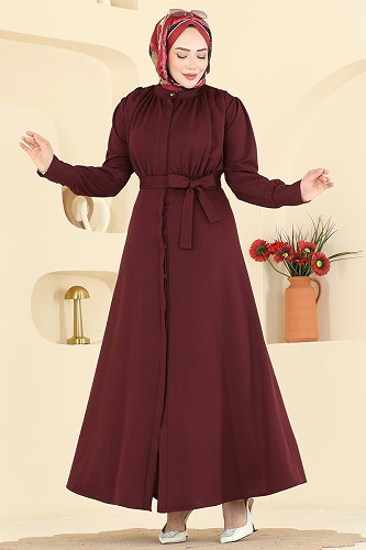 moda selvim Büzgülü Detaylı Örme Elbise 24033UKB139 Bordo - Thumbnail