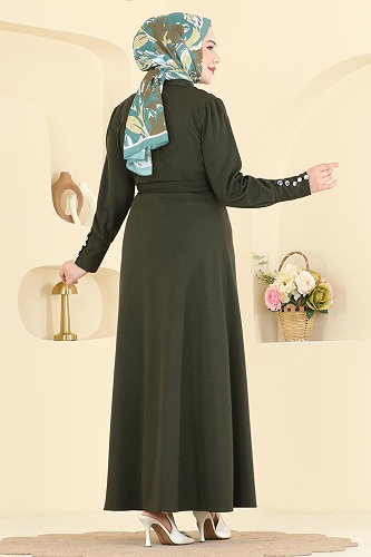 moda selvim Büzgülü Detaylı Örme Elbise 24033UKB139 Haki - Thumbnail