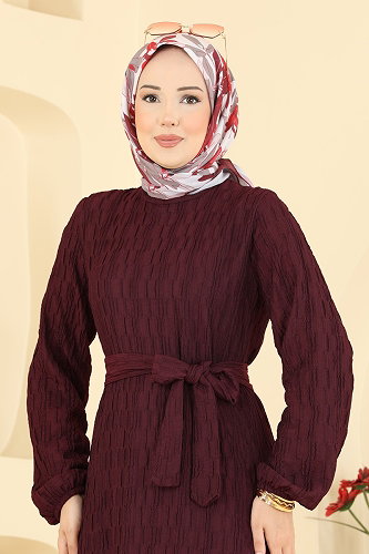 moda selvim Büzgülü Eteği Fırfırlı Elbise 801PM271 Bordo - Thumbnail