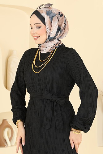 moda selvim Büzgülü Eteği Fırfırlı Elbise 801PM271 Siyah - Thumbnail