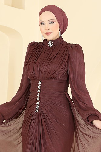 moda selvim Büzgülü Taş Detaylı Abiye 5626DMNK1166 Bakır - Thumbnail