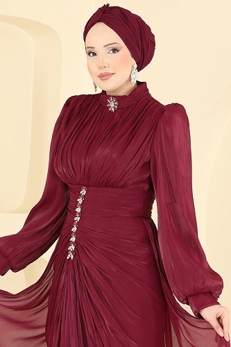 moda selvim Büzgülü Taş Detaylı Abiye 5626DMNK1166 Bordo - Thumbnail