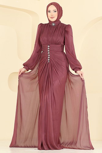 moda selvim Büzgülü Taş Detaylı Abiye 5626DMNK1166 Gül Kurusu - Thumbnail