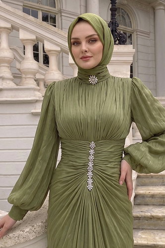 moda selvim Büzgülü Taş Detaylı Abiye 5626DMNK1166 Haki - Thumbnail