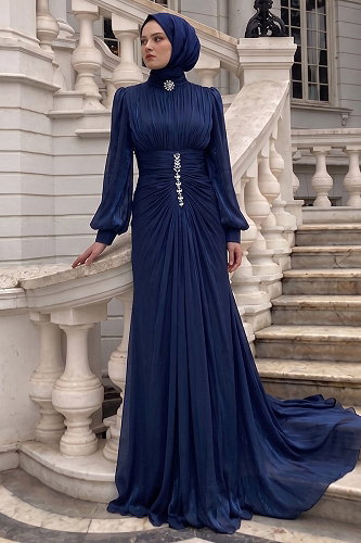 moda selvim Büzgülü Taş Detaylı Abiye 5626DMNK1166 Laci - Thumbnail