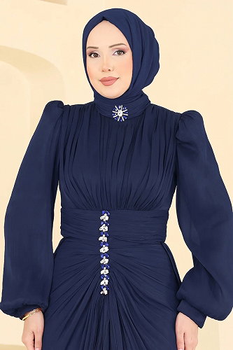 moda selvim Büzgülü Taş Detaylı Abiye 5626DMNK1166 Laci - Thumbnail
