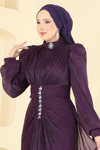 moda selvim Büzgülü Taş Detaylı Abiye 5626DMNK1166 Mor - Thumbnail