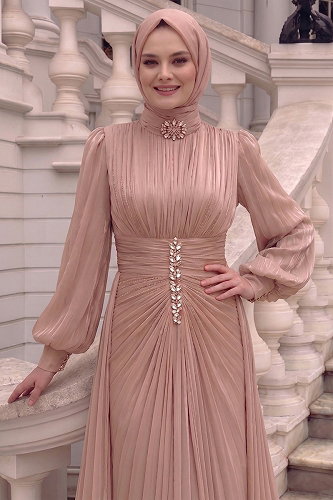 moda selvim Büzgülü Taş Detaylı Abiye 5626DMNK1166 Pudra Vizyon - Thumbnail