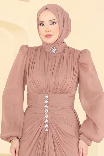 moda selvim Büzgülü Taş Detaylı Abiye 5626DMNK1166 Pudra Vizyon - Thumbnail