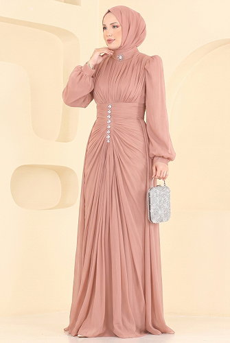 moda selvim Büzgülü Taş Detaylı Abiye 5626DMNK1166 Pudra Vizyon - Thumbnail