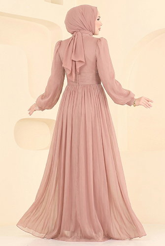 moda selvim Büzgülü Taş Detaylı Abiye 5626DMNK1166 Pudra Vizyon - Thumbnail
