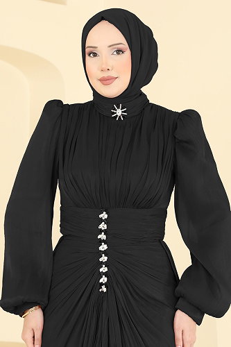 moda selvim Büzgülü Taş Detaylı Abiye 5626DMNK1166 Siyah - Thumbnail