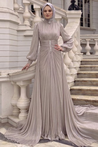 moda selvim Büzgülü Taş Detaylı Abiye 5626DMNK1166 Taş - Thumbnail