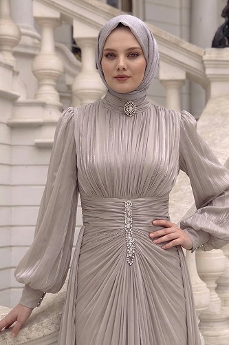 moda selvim Büzgülü Taş Detaylı Abiye 5626DMNK1166 Taş - Thumbnail