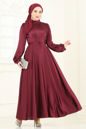 moda selvim Çapraz Bağlamalı Saten Abiye 5664EDF311 Bordo - Thumbnail