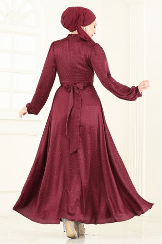 moda selvim Çapraz Bağlamalı Saten Abiye 5664EDF311 Bordo - Thumbnail