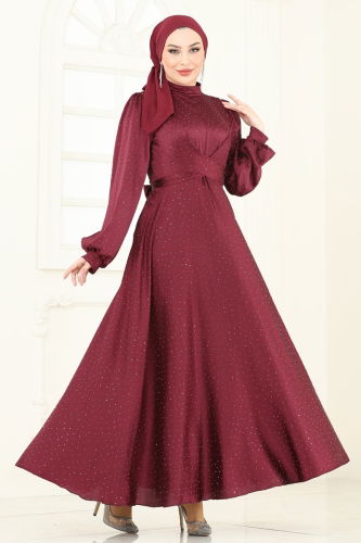 moda selvim Çapraz Bağlamalı Saten Abiye 5664EDF311 Bordo - Thumbnail