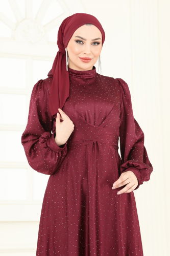 moda selvim Çapraz Bağlamalı Saten Abiye 5664EDF311 Bordo - Thumbnail