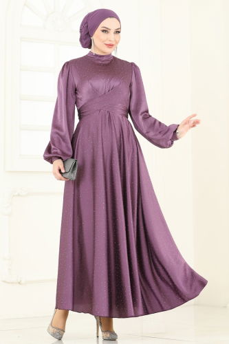 moda selvim Çapraz Bağlamalı Saten Abiye 5664EDF311 Koyu Lila - Thumbnail