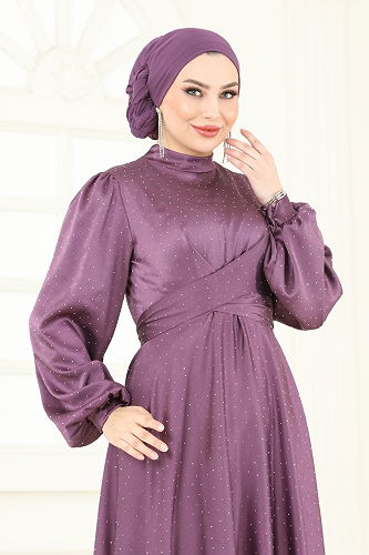 moda selvim Çapraz Bağlamalı Saten Abiye 5664EDF311 Koyu Lila - Thumbnail