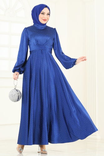 moda selvim Çapraz Bağlamalı Saten Abiye 5664EDF311 Saks - Thumbnail