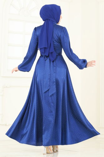 moda selvim Çapraz Bağlamalı Saten Abiye 5664EDF311 Saks - Thumbnail
