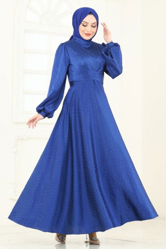 moda selvim Çapraz Bağlamalı Saten Abiye 5664EDF311 Saks - Thumbnail