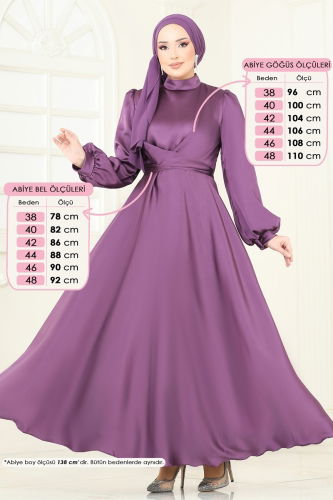 moda selvim Çapraz Bağlamalı Saten Abiye 5665EDF311 Koyu Lila - Thumbnail