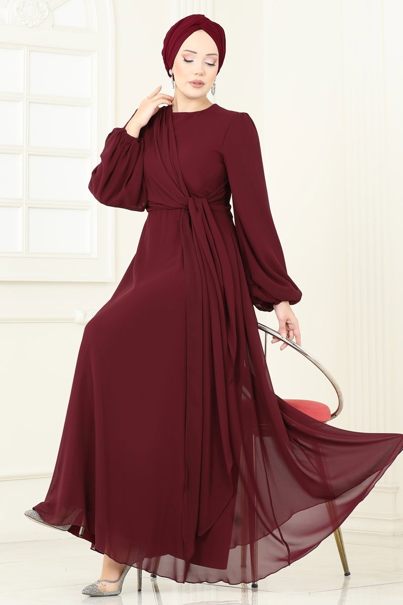 Çapraz Bağlamalı Şifon Elbise 5728EDF311 Bordo