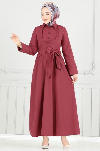 moda selvim Çapraz Bağlamalı Tesettür Elbise 402ART1138 Bordo - Thumbnail