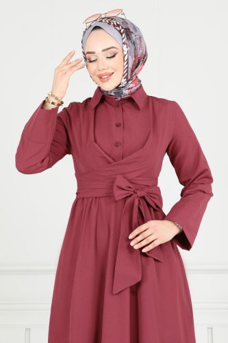moda selvim Çapraz Bağlamalı Tesettür Elbise 402ART1138 Bordo - Thumbnail