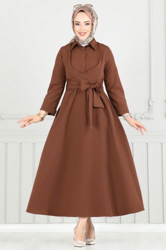 moda selvim Çapraz Bağlamalı Tesettür Elbise 402ART1138 Kahve - Thumbnail
