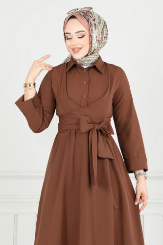 moda selvim Çapraz Bağlamalı Tesettür Elbise 402ART1138 Kahve - Thumbnail