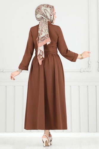 moda selvim Çapraz Bağlamalı Tesettür Elbise 402ART1138 Kahve - Thumbnail