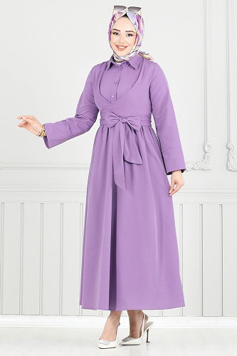 moda selvim Çapraz Bağlamalı Tesettür Elbise 402ART1138 Lila - Thumbnail