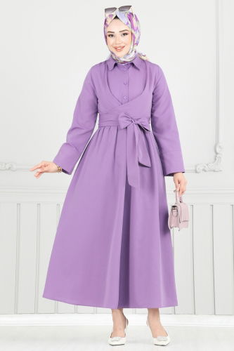 moda selvim Çapraz Bağlamalı Tesettür Elbise 402ART1138 Lila - Thumbnail
