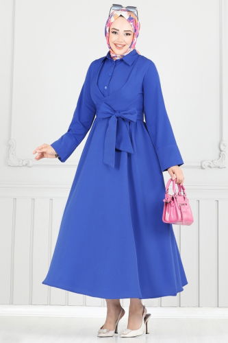 moda selvim Çapraz Bağlamalı Tesettür Elbise 402ART1138 Saks - Thumbnail