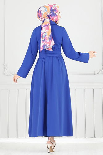 moda selvim Çapraz Bağlamalı Tesettür Elbise 402ART1138 Saks - Thumbnail