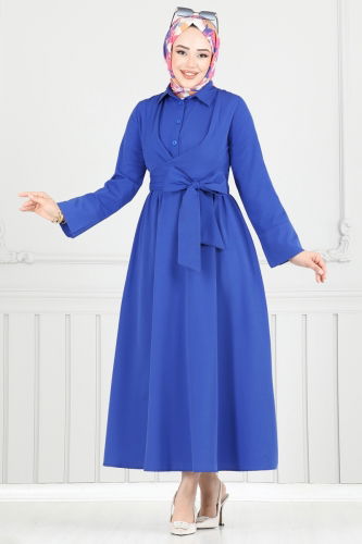 moda selvim Çapraz Bağlamalı Tesettür Elbise 402ART1138 Saks - Thumbnail