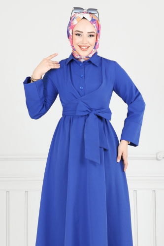 moda selvim Çapraz Bağlamalı Tesettür Elbise 402ART1138 Saks - Thumbnail