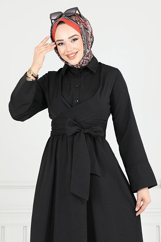 moda selvim Çapraz Bağlamalı Tesettür Elbise 402ART1138 Siyah - Thumbnail