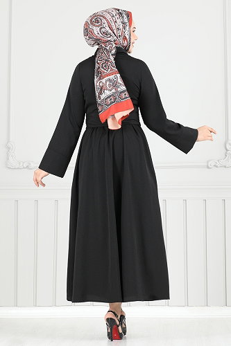 moda selvim Çapraz Bağlamalı Tesettür Elbise 402ART1138 Siyah - Thumbnail