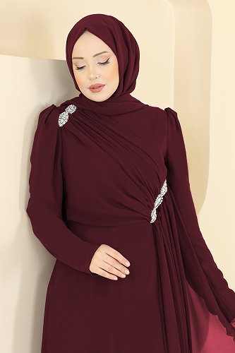 moda selvim Çapraz Drape Detaylı Abiye 5761EDF311 Açık Bordo - Thumbnail