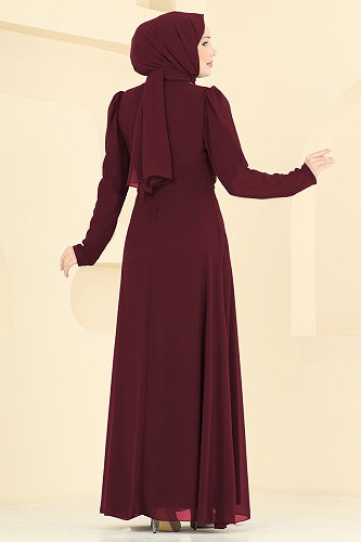 moda selvim Çapraz Drape Detaylı Abiye 5761EDF311 Açık Bordo - Thumbnail