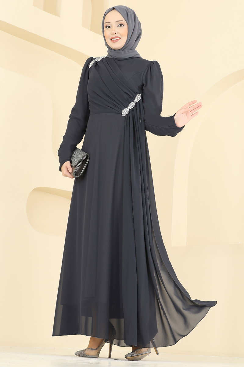 Çapraz Drape Detaylı Abiye 5761EDF311 Füme