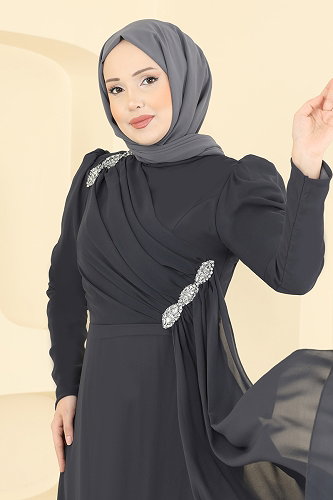 moda selvim Çapraz Drape Detaylı Abiye 5761EDF311 Füme - Thumbnail