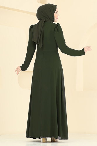 moda selvim Çapraz Drape Detaylı Abiye 5761EDF311 Haki - Thumbnail