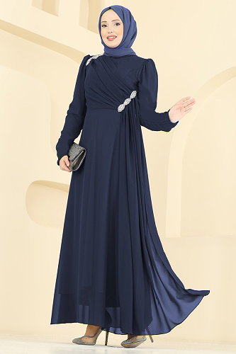 moda selvim Çapraz Drape Detaylı Abiye 5761EDF311 Koyu Laci - Thumbnail