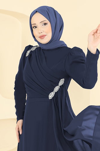 moda selvim Çapraz Drape Detaylı Abiye 5761EDF311 Koyu Laci - Thumbnail