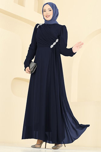 moda selvim Çapraz Drape Detaylı Abiye 5761EDF311 Koyu Laci - Thumbnail